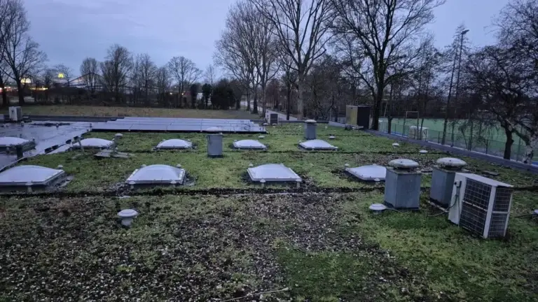 Groendak met lichtkoepels